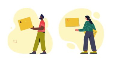 Planlama ve zaman yönetimi. Anımsatıcı ve görev listesi olan sarı yapışkan notlarla çevrili bir kadın ve erkek afişi taşıyor. Önceliğimiz çalışmak ve listeyi hazırlamak. Düz grafik çizgi film