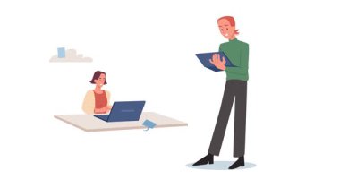 İş videosu konferansı. Çevrimiçi toplantıda iletişim kuran erkek ve kadın girişimcilerin, ortakların ve ofis çalışanlarının afişlerinin taşınması. Uzaktan kumandalı. Düz grafik çizgi film