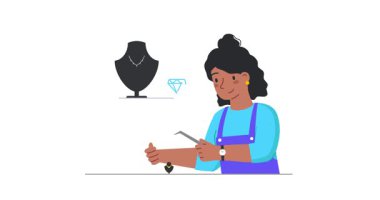 Küçük işletme sahibi. Yeni bir girişim başlatan kadın girişimciyle hareketli afiş. Mutlu kadın kuyumcu atölye açıyor ve değerli taşlardan aksesuarlar yapıyor. Düz grafik çizgi film