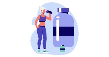 Spor beslenmesi. Diyet takviyeleriyle kavanozun yanında duran ve kas gelişimi için protein içen mutlu bayan sporcuyla hareketli bir pankart. Spor ve spor. Düz grafik çizgi film