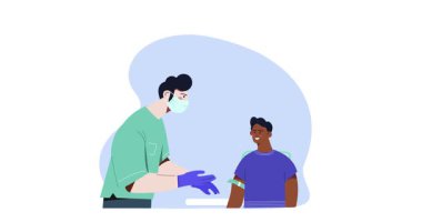 Spor beslenmesi. Doktorun vücut geliştiriciye steroid, doping ya da takviye verdiği afiş. Antrenman ve spor. Güç ve kas kütle büyümesi. Düz grafik çizgi film