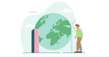 Sürdürülebilir yaşam tarzı. Alternatif enerji kaynaklarını kullanarak, salınımları azaltmak ve gezegeni kurtarmak için çağdaş şehirde yürüyen insan sancağı. Çevreye önem vermek. Düz grafik çizgi film