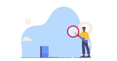 Ölçüm işlemi. Ticari büyüme ve şirketin gelişimine ilişkin verileri analiz eden bir erkek girişimci afişi. Finansal istatistikler, çizelgeler ve şemalar. Düz grafik çizgi film