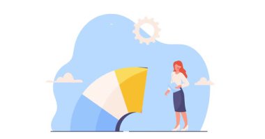 Ölçüm işlemi. Finansal büyüme göstergesinin yanında duran kadın girişimci afişi. İş geliştirme ve şirket geliştirme. Düz grafik çizgi film