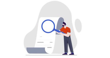 Fatura büyük. Elinde büyüteç olan bir adamla afiş taşımak alışveriş listesinin yanında durur ve harcamaları analiz eder. Karakter çevrimiçi mali işlemleri kontrol ediyor. Düz grafik çizgi film