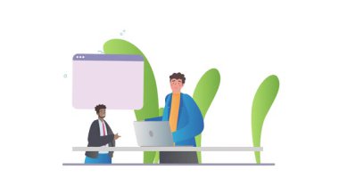 Takım çalışması ve işbirliği. Finansal başarı elde etmek için istatistikleri, grafikleri ve grafikleri analiz eden bir grup ofis çalışanı ile afişleri taşımak. Ortaklık ve işbirliği. Düz grafik çizgi film