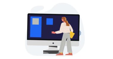 Okul programı. Mutlu kız öğrencinin bilgisayar ekranının önünde durduğu ve kişisel müfredattan konu seçtiği afiş. Eğitim ve öğrenim. Düz grafik çizgi film