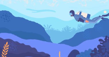 Deniz Dünyası. Dalgıç, mercan resifi, yosun, balık ve kaplumbağa olan su altı manzaralı hareketli bir pankart. Eğlence olsun diye dalmak. Çeşitli okyanus bitkileri ve faunası olan bir panorama. Düz grafik çizgi film