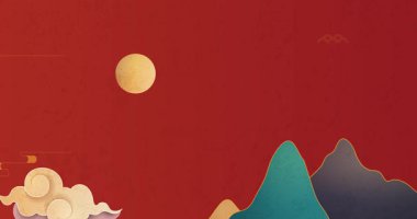 Yeni Çin yılın kutlu olsun. Geleneksel Asya tarzı bayrak, hiyeroglifler, dağ siluetleri, ay ve kuşlar. Tatil kutlaması için tasarım elemanı. Düz grafik çizgi film