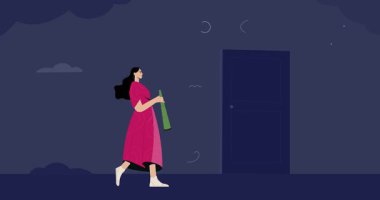 Bilinmeyen geleceğe bakıyoruz. Elinde teleskop olan meraklı bir kadının olduğu afiş açık kapıdan içeri bakıyor. Yaşam yolunu ve bilinçaltı yolculuğunu ara. Düz grafik çizgi film