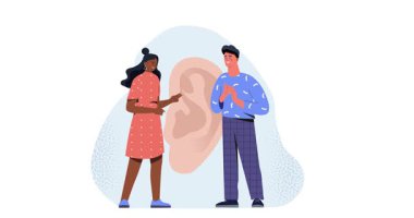 İşitme kaybı kavramı. Sağır adam ve kadınla el hareketleriyle işaret diliyle iletişim kuran afişler. Kulak ve dilsiz işareti. Düz grafik çizgi film