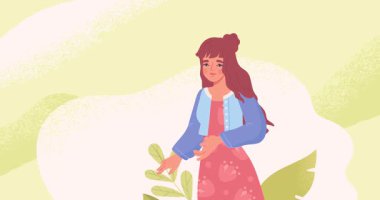 Mutlu aile anıları. Sevgi ve sevgiyle ailesini ve çocukluğunu hatırlayan bayrak taşıyan bir kadın. Aile içinde iyi ilişkiler. Düz grafik çizgi film