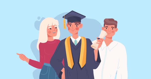 People celebrate graduation. Moving banner with happy parents hugging their son who graduated from university got diploma or academic degree. Mom and dad proud of child. Flat graphic animated cartoon People celebrate graduation. Moving banner with happy parents hugging their son who graduated from university got diploma or academic degree. Mom and dad proud of child. Flat graphic animated cartoon