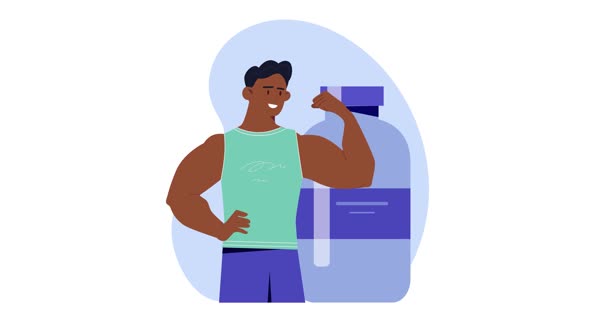 Sports nutrition. Moving banner with happy male bodybuilder using doping and supplements for muscle growth. Workout sports and fitness. Protein and Creatine Jar. Flat graphic animated cartoon Sports nutrition. Moving banner with happy male bodybuilder using doping and supplements for muscle growth. Workout sports and fitness. Protein and Creatine Jar. Flat graphic animated cartoon