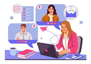 İki iş arkadaşıyla bilgisayar başında çalışan bir kadın, beyaz arka planda düz çizgi film tarzında. Uzaktan kumandalı takım çalışması ve dijital iletişim kavramı. Vektör illüstrasyonu