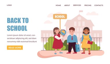 Bir grup okul çocuğu ellerinde kitaplarla bir okul binasının önünde dikiliyorlar, düz çizgi film tarzı, beyaz arkaplan. Eğitim kavramı. Vektör illüstrasyonu