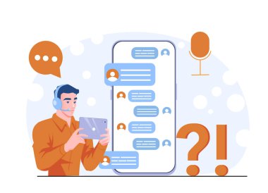 Elinde tablet bulunan erkek müşteri hizmetleri ajanı, geniş mobil cihaz arayüzü, konuşma baloncukları ve simgeler aracılığıyla soyut arka planda sohbet ediyor. Düz çizgi film vektör çizimi
