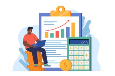 Adam dizüstü bilgisayar kullanarak bozuk para yığınının üzerinde oturuyor. Yükselen bar tablosu, hesap makinesi ve para ikonu olan büyük bir pano beyaz arka planda. Finansal planlama kavramı. Vektör illüstrasyonu
