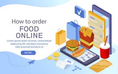 Hamburger, patates kızartması ve soda gibi fast food ürünleri akıllı telefon ekranında, dijital tarzda beyaz arka planda. Seyyar yemek sipariş etme kavramı. Vektör illüstrasyonu