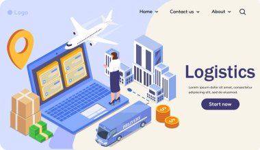 Laptop, dağıtım kamyonu, uçak, kadın, lokasyon pimi, para ve hafif arkaplanda izometrik paketler içeren lojistik konsept. Vektör illüstrasyonu