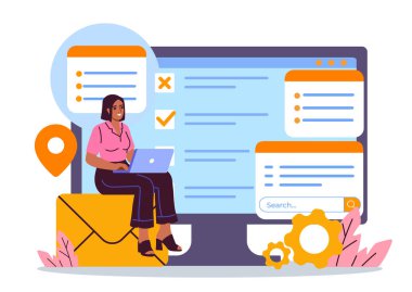 Görev listesi ve ayar simgeleri olan dizüstü bilgisayarda çalışan kadın beyaz arkaplan üzerinde geniş ekran, düz grafik şeklinde çalışıyor. Dijital proje yönetimi kavramı. Vektör illüstrasyonu