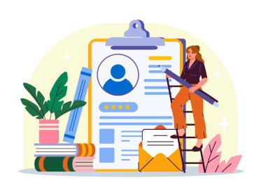 Kalem tutan bir kadın, geniş bir panoya özgeçmişi olan, kitaplar, zarflar ve beyaz arka planda bitkilerle çevrili bir kadın. İş başvurusu kavramı. Vektör illüstrasyonu