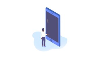 Çalışan verileri analiz eder. Akıllı telefon ekranının önünde duran ve istatistik, grafik ve grafikleri analiz eden bir erkek girişimci ya da ofis çalışanı ile afiş taşımak. Isometric 3D grafik çizgi film