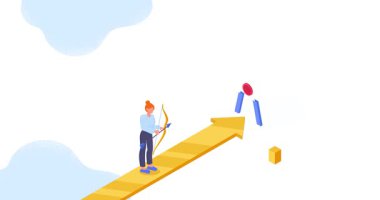 İş rekabeti. Yay ve oklarla hedefi hedef alan erkek girişimci bayrağı taşıyor. Ofis çalışanı ya da yöneticisi hedeflere ya da mali başarıya ulaşır. Isometric 3D grafik çizgi film