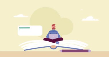 Kitap mesajı edebiyat anlamında. Erkek yazarla birlikte büyük bir kitabın üzerine oturup ahlaki fikirle yeni bir öykü ya da şiir yazmak. Roman hikayesi yayını. Düz grafik çizgi film