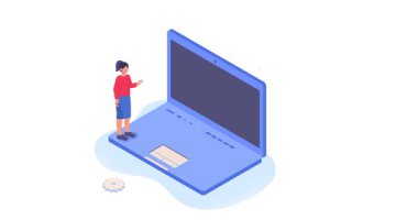 Çalışan verileri analiz eder. Kadın girişimci ya da muhasebecinin dizüstü bilgisayarın önünde durup iş istatistikleri, çizelgeler ve şemalar üzerinde çalıştığı afişler. Isometric 3D grafik çizgi film