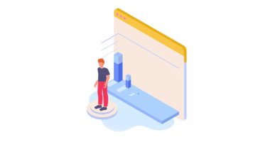 Çalışan verileri analiz eder. Erkek ofis çalışanı ya da istatistik, grafik ve çizelge okuyan mali danışman ile afiş taşımak. Başarı ve hedeflere ulaşmak. Isometric 3D grafik çizgi film