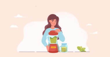 Kız vegan kokteyli hazırlıyor. Lezzetli yeşil smoothie hazırlayan bayrak taşımak veya taze meyve, sebze ve böğürtlenlerden içmek. Organik, vitamin içeceği. Düz grafik çizgi film