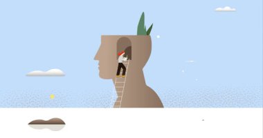 Zihinsel huzur ve farkındalık. Baş siluetinden büyüyen yeşil bitkilere doğru yükselen bir kadının olduğu afiş. Zihni pozitif enerjiyle dolduruyor. Düz grafik çizgi film