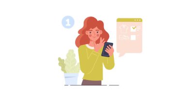 Teslimat aşamaları. İnternetten kadın alışverişi yapan, teslimat sipariş eden ve paketle kuryeyle buluşan bir afiş taşıyordu. Evden mal almak. Satın alma ve boşaltma. Düz grafik çizgi film