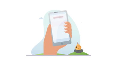 İnsanlar akıllı telefon uygulamaları kullanıyor. Karakterin el ele tutuştuğu telefon pankartı ve GPS ya da program kullanarak şehirde gezinip haritada yerini bulmak. Düz grafik çizgi film