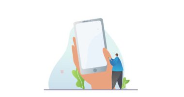 İnsanlar akıllı telefon uygulamaları kullanıyor. Büyük telefon ekranının önünde duran ve çeşitli çevrimiçi hizmetler ve sosyal ağlar kullanan küçük karakterli afişler. Düz grafik çizgi film