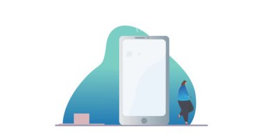 İnsanlar akıllı telefon uygulamaları kullanıyor. Telefon ekranının yanında duran ve programlar ve cihazlar kullanan kadın ve erkeklerin olduğu afişleri taşımak. Yazılım ve geliştirme. Düz grafik çizgi film