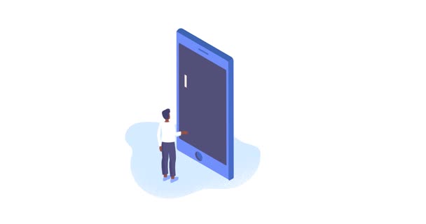 Employee analyzes data. Moving banner with male entrepreneur or office worker standing in front of smartphone screen and analyzing statistics graphs and charts. Isometric 3D graphic animated cartoon Employee analyzes data. Moving banner with male entrepreneur or office worker standing in front of smartphone screen and analyzing statistics graphs and charts. Isometric 3D graphic animated cartoon