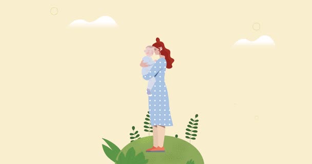 Happy safe motherhood. Moving banner with big human hands assisting young single mother with little child. Support and protection of young single mothers with baby. Flat graphic animated cartoon Happy safe motherhood. Moving banner with big human hands assisting young single mother with little child. Support and protection of young single mothers with baby. Flat graphic animated cartoon