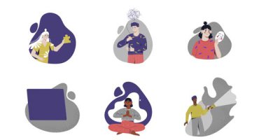 Akıl sağlığı düzeliyor. Psikolojik problemler ve rahatsızlıklardan muzdarip karakterlerin olduğu bir afiş. Erkekler ve kadınlar içsel korku ve depresyonla mücadele ederler. Düz grafik çizgi film