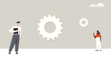 Takım çalışması ve iş akışı. Ofis çalışanlarından oluşan bir ekiple bayrak taşımak çarkın yanında durmak ve tek bir mekanizma olarak görevleri yerine getirmek. Başarı için işbirliği. Düz grafik çizgi film