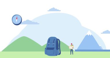 Ekolojik aktivite. Sırt çantalı erkek ve kadınların bayrağını taşımak, doğa içinde dinlenmek, dağlarda yürüyüş yapmak veya yürüyüş yapmak ve dışarıda seyahat etmek. Doğadaki maceralar. Düz grafik çizgi film