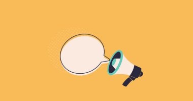 Geribildirim istiyoruz. Megafonla, konuşma balonuyla ve altyazıyla hareket eden afiş. Kullanıcı ve müşteri teftişi. Pazarlama, reklam ve tanıtım için tasarım elemanı. Düz grafik çizgi film