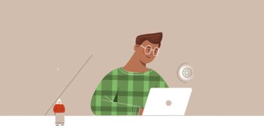 Fırlatma başlatılıyor. Erkek girişimci afişi icat ediyor ve iş için yeni yaratıcı fikirler geliştiriyor. Çalışanlardan oluşan ekip yeni bir proje üzerinde çalışıyor. Düz grafik çizgi film