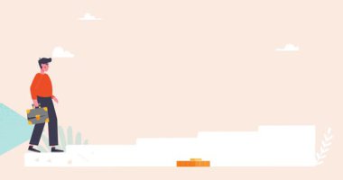 Kariyer gelişimi. Erkek girişimcinin bozuk para yığınlarına tırmandığı hareketli afişler. Yatırımcıların mali başarısı, mesleki becerilerin geliştirilmesi ve gelir artışı. Düz grafik çizgi film