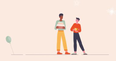 Doğum günü partisindeki mutlu insanlar. Pasta, hediye kutuları, kokteyller ve balonlarla dolu afişler. Karakterler bayramı ya da yıldönümünü kutlar. Düz grafik çizgi film