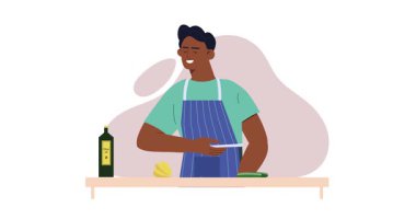 Mutfakta yemek pişiren biri. Gülümseyen adamın sebzelerden ve diğer malzemelerden lezzetli sağlıklı salata hazırladığı afiş. Erkek karakter akşam yemeği hazırlıyor. Düz grafik çizgi film