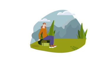 Romantik yürüyüş yapan çiftler. Sırt çantalı kadın ve erkek turistlerin bayrağı dağlarda yürüyor ve doğada geziyor. Karakterler dışarıda birlikte vakit geçirirler. Düz grafik çizgi film