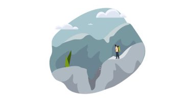 Romantik yürüyüş yapan çiftler. Sırt çantalarıyla dağlarda gezen mutlu bir adam ve kadınla birlikte afiş taşıyorlar. Buluşma ve dışarıda zaman geçirme. Gezinti ve kaya yürüyüşü. Düz grafik çizgi film