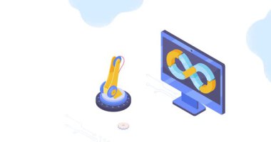 Geliştirme operasyonları. Otomatik ellerin yanında monitör ekranı olan hareket eden bir pankart. Programlama, kodlama ve yazılım optimizasyonu. Modern teknolojiler. Isometric 3D grafik çizgi film